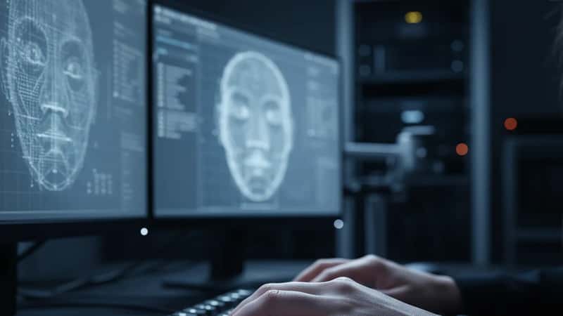 Edinburgh digital forensics analyst's hands typing case notes in a cybercrime lab, screen glow illuminating the keyboard
