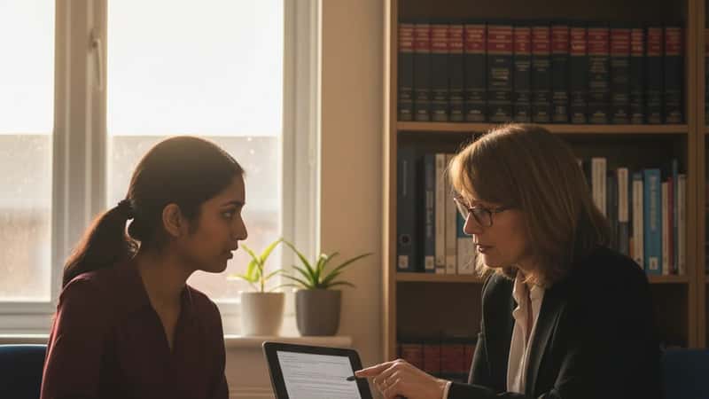 Manchester community law centre: solicitor explaining legal rights on a tablet to a young woman seeking help with a deepfake case