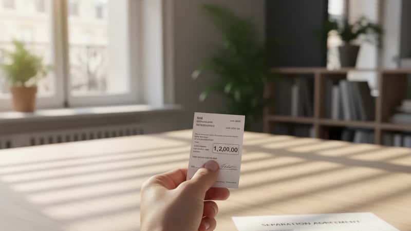 HR professional holding a printed final paycheck stub next to a signed separation agreement on a desk in an Alabama office