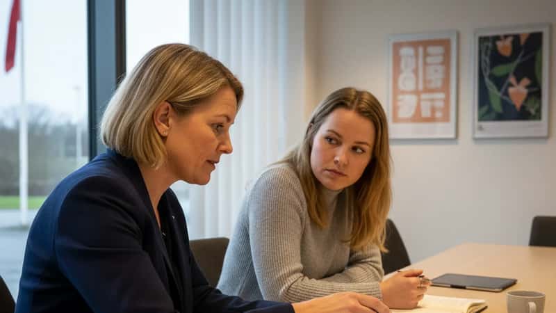 Tillidsrepræsentant og kollega drøfter lønrettigheder i Odense regionalkontor
