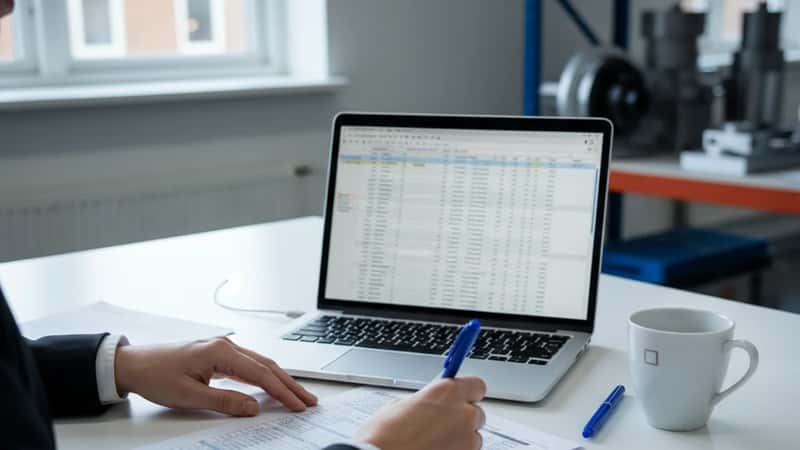 Dansk funktionær gennemgår lønseddel ved skrivebord i industrikontormiljø i Kolding med beregnede overarbejdstimer og tillæg