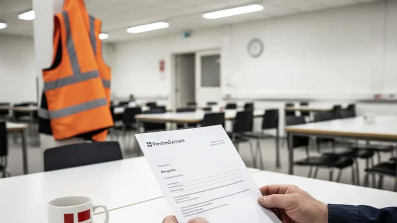 Hænder holder en PensionDanmark pensionsopgørelse i et dansk transportfirmas kantine i Kolding