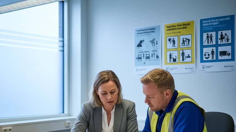 HR-koordinator hjælper transportmedarbejder med forsikringsformular i logistikvirksomhed i Esbjerg