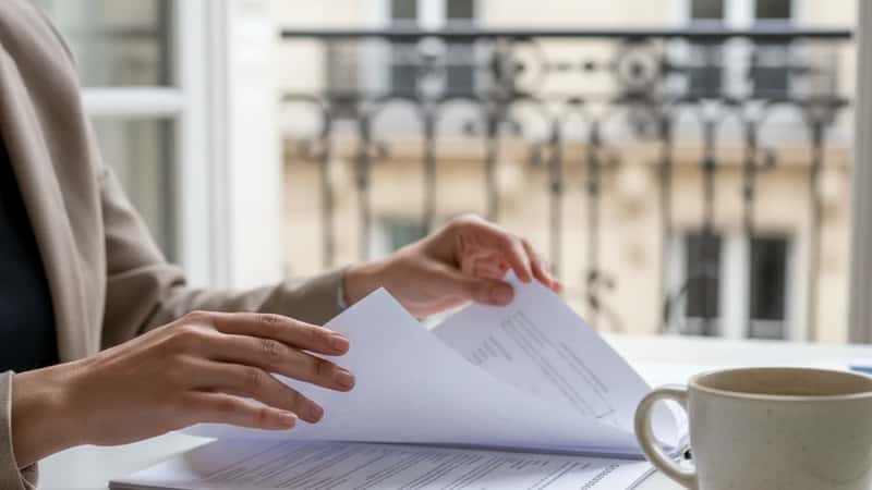 Femme consultant un document de convention collective sur un bureau blanc à Paris, lumière naturelle, geste attentif