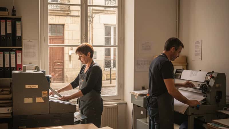 Deux employés en tablier sombre dans un atelier de reprographie en province française, travaillant sur des machines de reproduction, lumière naturelle de côté