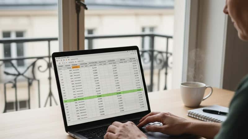 Lönejämförande kalkylblad med kronorsiffror och procentsatser på bärbar dator, analytisk arbetsprocess inför löneöversyn