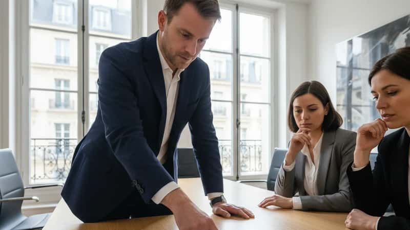 Employment attorney in Denver presenting contract comparison to HR managers, two contracts side by side on conference room table, overcast diffused lighting