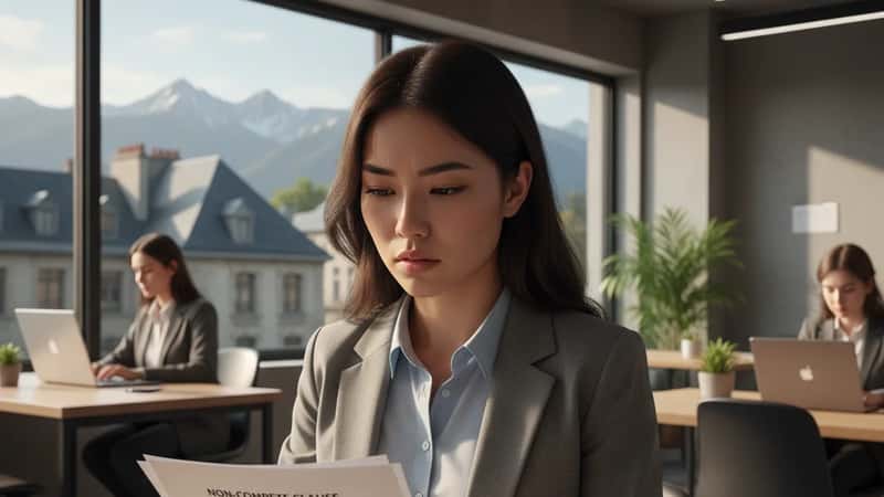 Young professional in Fort Collins Colorado carefully reading non-compete clause in employment contract at desk, concerned expression, mountain views in background