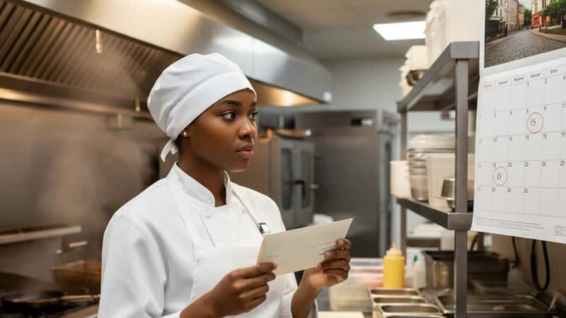 Restaurant line cook in Hannibal Missouri holding a paycheck envelope near a kitchen calendar, candid workplace moment