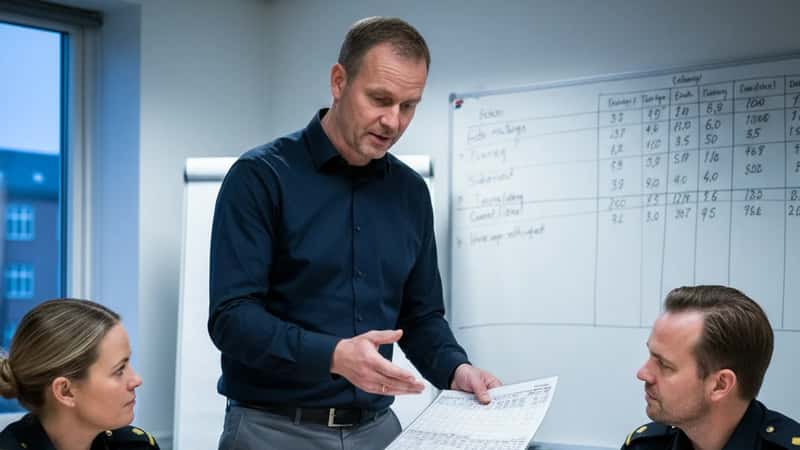 Politiforbundets tillidsrepræsentant i Odense forklarer løntabeldata til kolleger ved møde