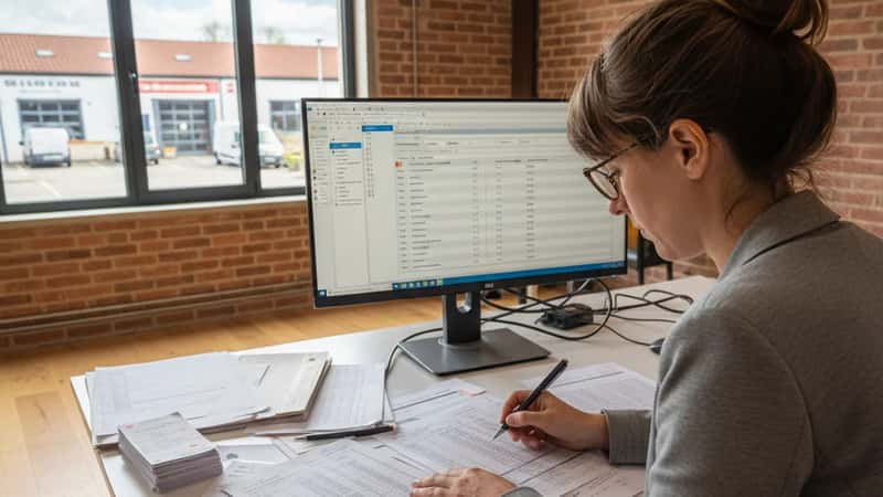 HR administrator reviewing overtime wage calculation worksheets at a desk in a Honolulu construction company office, time cards spread across the surface, natural daylight from window