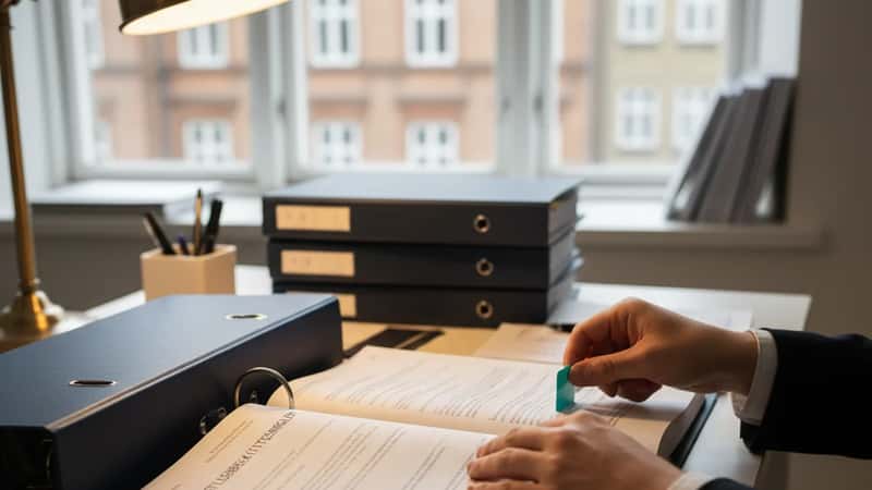 Tillidsrepræsentants hænder organiserer juridiske overenskomstdokumenter i en mappe med ansættelsesvær-regler, varmt skrivebordslampe-lys i København
