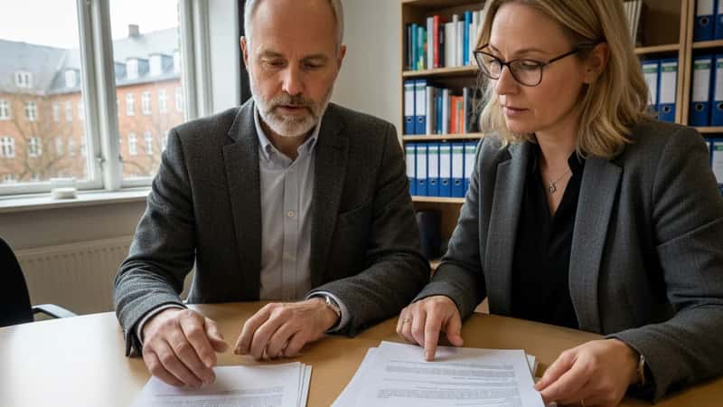 Dansk akademiker og fagforeningsrepræsentant gennemgår opsigelsesdokumenter ved et rundt bord i et universitetsmødelokale i Aarhus, overskyet dagslys