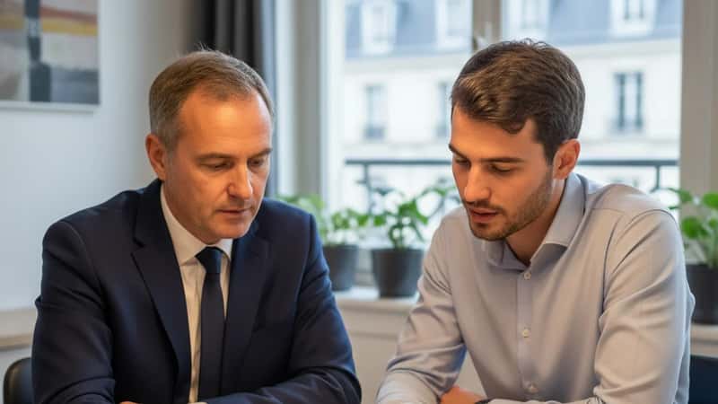 Responsable RH d'une mutuelle expliquant la grille salariale conventionnelle à un employé lors d'une réunion de travail