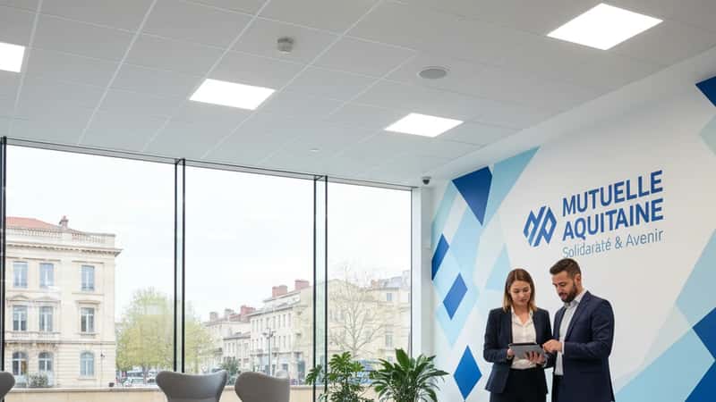 Deux salariés d'une mutuelle dans un espace collaboratif à Bordeaux, consultant des documents sur tablette dans un bureau moderne