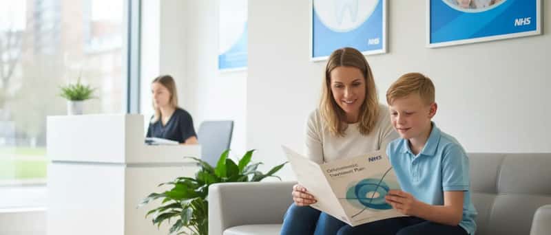 Mother and child reviewing an orthodontic treatment plan in a dental waiting room