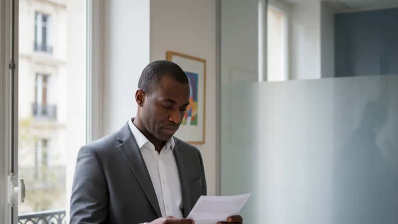 Reno Nevada former employee reviews final paycheck envelope near HR office window, overcast daylight