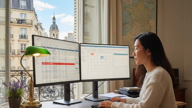 Las Vegas Nevada HR payroll specialist processes an off-cycle final paycheck on dual-monitor workstation, warm tungsten lighting