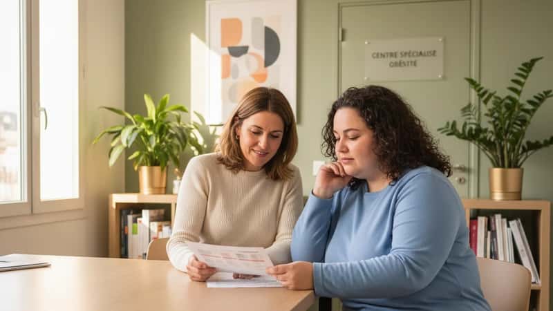 Nutritionniste accompagnant une patiente en surpoids lors d'une consultation au Centre Spécialisé Obésité de Montpellier, atmosphère bienveillante