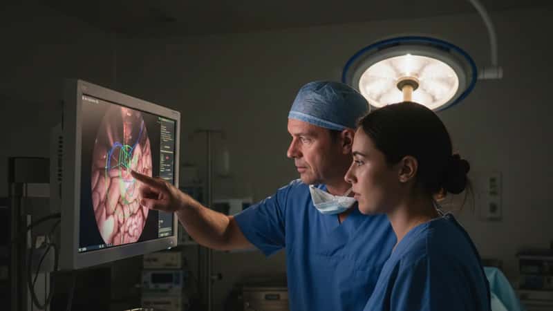 Chirurgien bariatrique au CHU de Montpellier analysant des images laparoscopiques pré-opératoires, salle de consultation chirurgicale, environnement professionnel