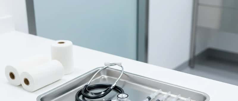 Instruments vétérinaires disposés sur un plateau en acier inoxydable dans une clinique suisse