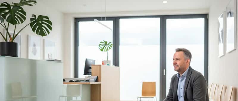 Propriétaire suisse attendant avec son chien dans la salle d'attente d'une clinique vétérinaire moderne