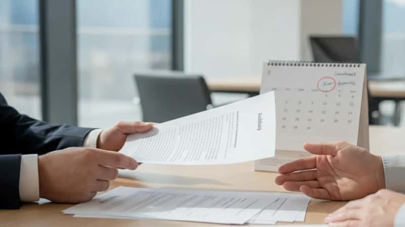 Formelles Kündigungsschreiben auf einem Schreibtisch in einem österreichischen Büro in Innsbruck, daneben ein Kalender mit markierten Fristen