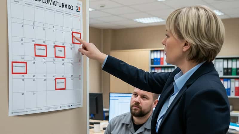 Turkulainen HR-asiantuntija selittää kuljettajalle palkallisia vapaapäiviä toimistossa — lomaraha ja arkipyhäoikeudet ovat TES:n parannuksia Vuosilomalakiin nähden