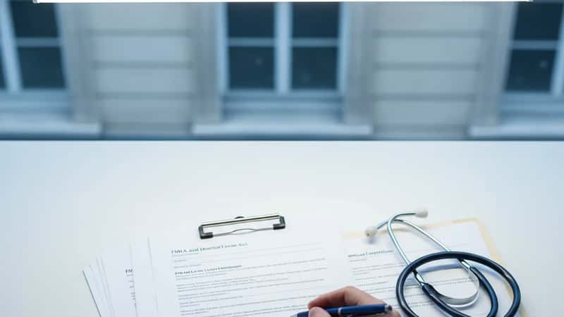 FMLA leave paperwork and stethoscope on an HR desk in Billings, Montana