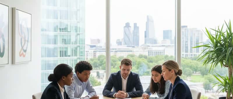 A diverse family consulting with an immigration solicitor at a bright UK law office