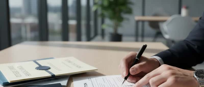 Solicitor reviewing an immigration application form with a pen and Home Office documents on desk