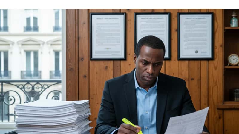 HR manager at a Duluth Minnesota office desk reviewing payroll records under cold fluorescent light, employment handbooks stacked nearby