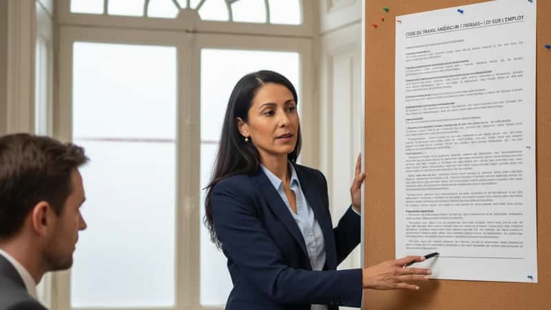 Employment attorney in a Rochester Minnesota law firm conference room gesturing toward a labor statute printout, explaining to a colleague