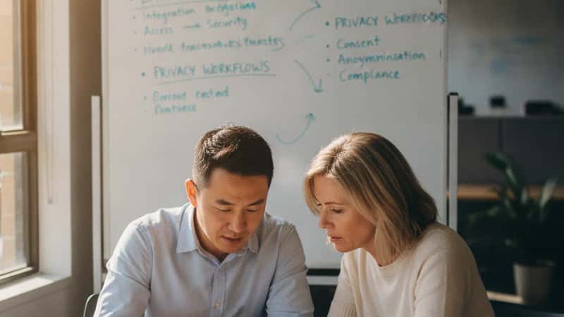 Two Melbourne small business co-founders at a meeting table reviewing privacy compliance documents together, whiteboard with data system notes in background, warm daylight, collaborative atmosphere