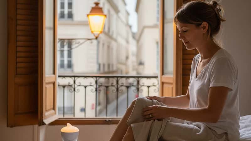 Femme française préparant sa routine de nuit en été, bassin d'eau froide pour les pieds, volets ouverts sur la rue, lumière ambrée du soir