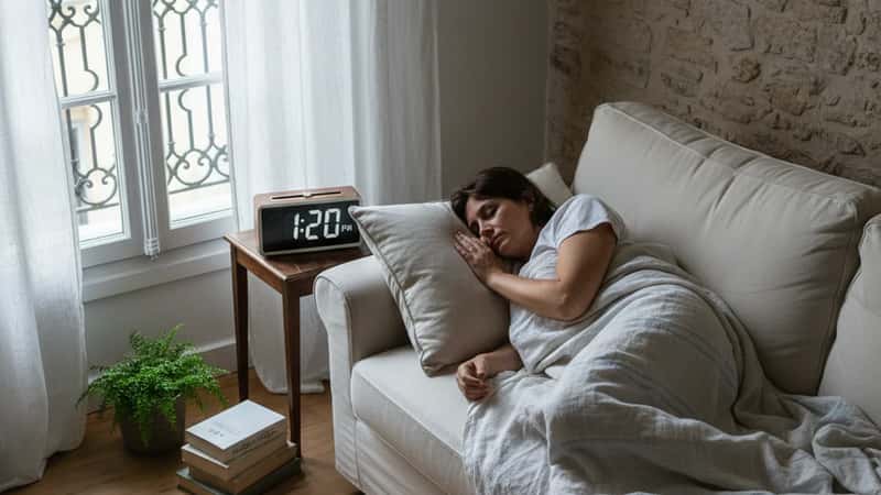 Vue aérienne d'une personne faisant une sieste de 20 minutes sur un canapé dans un appartement ombragé en France, réveil montrant 13h20, lumière d'été filtrée par des rideaux blancs