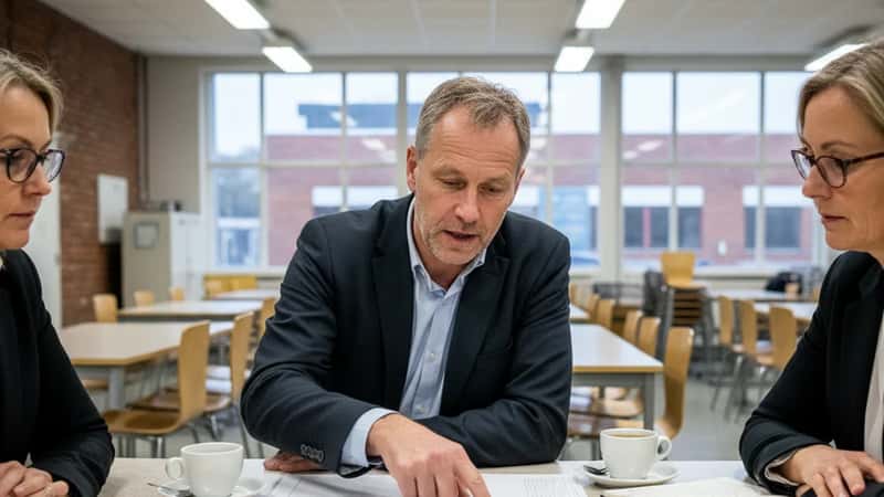 IF Metall-representant pekar på lönefördelningstabell vid förhandlingsmöte i en fabriksmatsal i Göteborg