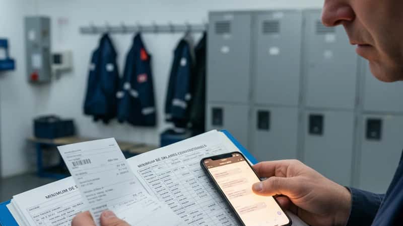 Verkstadsarbetare håller lönspecifikation och jämför med avtalsminimilöner i omklädningsrum
