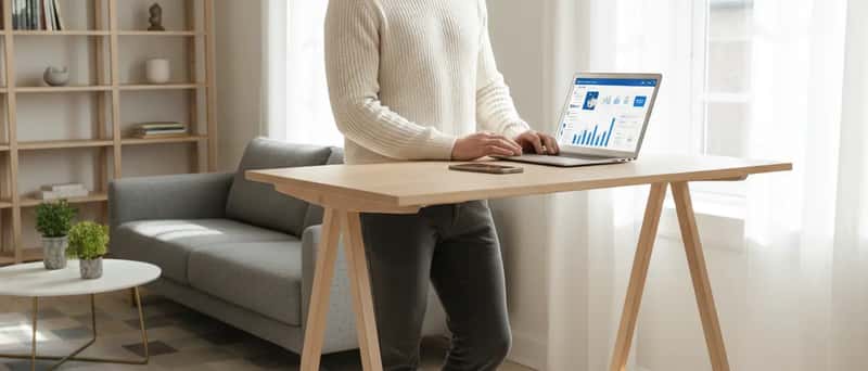 Freelancer gennemgår online regnskabsplatform på bærbar computer i lyst dansk hjem med nordisk indretning