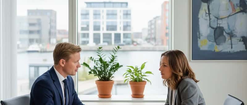 Professionel dansk revisor præsenterer finansiel rapport for virksomhedsejer ved mødebordet i moderne kontor