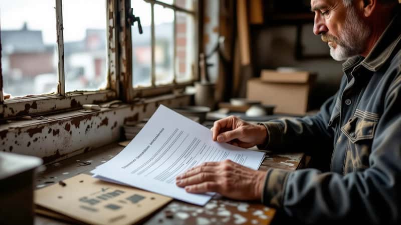 Trabalhador português assina documento de cessação de contrato em mesa de trabalho, em Porto, com papéis oficiais visíveis e luz natural lateral