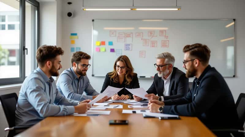 Em Coimbra, grupo de cinco trabalhadores portugueses em torno de uma mesa de conferências revisando documentos de despedimento coletivo juntos, iluminação de escritório, quadro branco com notas ao fundo