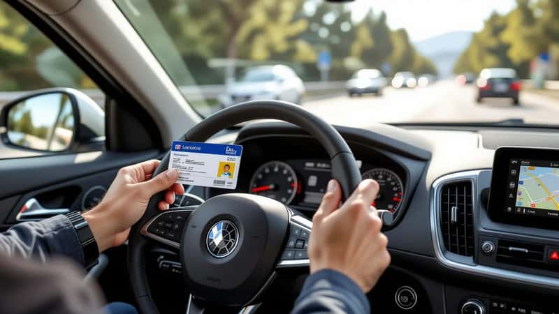 Mains d'un conducteur tenant un permis de conduire et une carte grise à l'intérieur d'une voiture