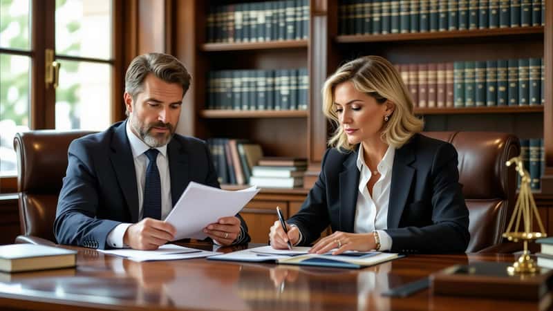 Avocat examinant un avis de contravention avec un client préoccupé dans son cabinet