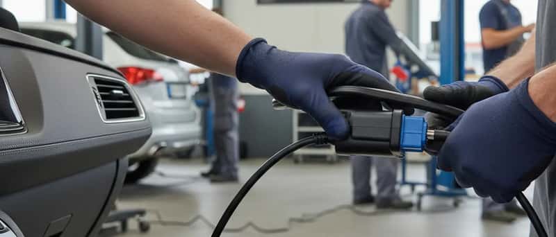 Mécanicien branchant un outil de diagnostic OBD sur le port d'un véhicule dans un garage automobile