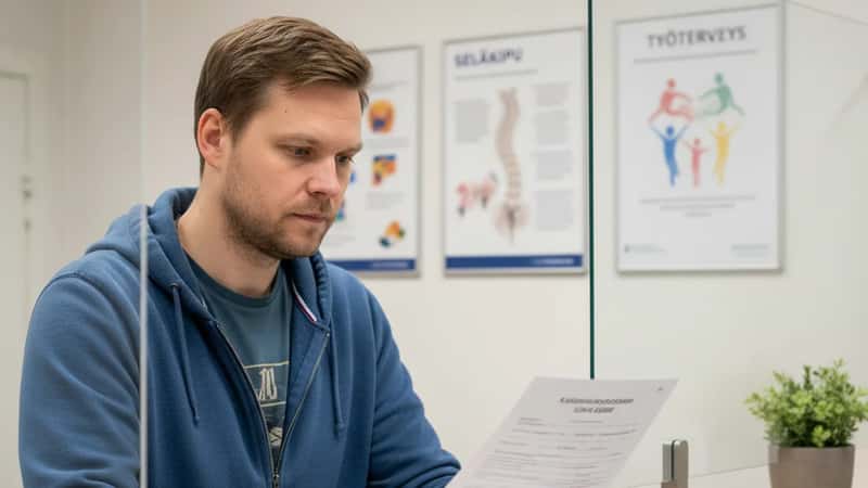 Oulussa kaupan alan työntekijä täyttää tapaturmavakuutushakemusta klinikan vastaanottotiskillä