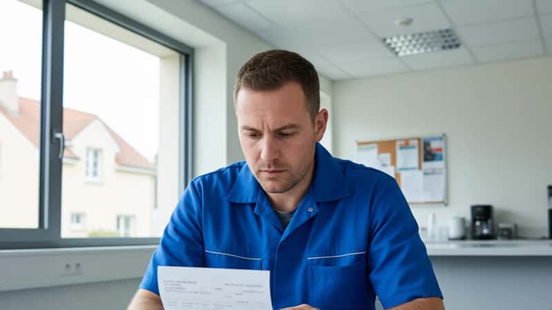A Kansas employee in a Topeka office reviewing their pay stub carefully, checking overtime hours against their regular wage rate under fluorescent lights
