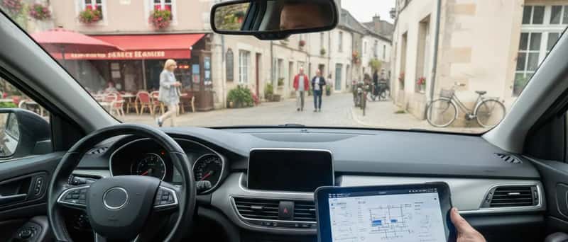 Mechanic using a diagnostic tablet plugged into a car's OBD-II port under the dashboard