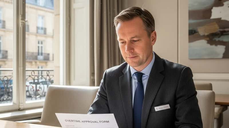 Manlig hotellchef i uniform granskar övertidsgodkännandeblankett på ett kontorsrum i Malmö