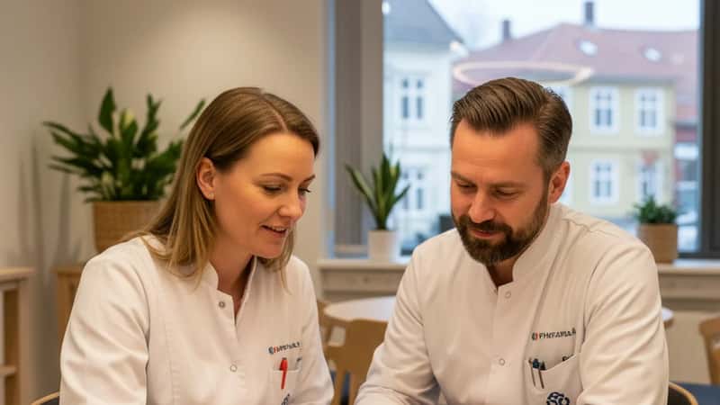 To apotekteknikere i Trondheim diskuterer arbeidsavtale og turnusplan i pauserom